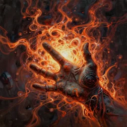 an extreme detailed painting with detailed textures of a hand made out of quantum fire dreamscape seen in a vision, reaching towards you disturbing eerie cybergothic high image quality