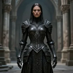 women, concept art, dark fantasy, athletic body, symmetrical face, ultra realistic details + hyper real + unreal engine 5 + octane render, plum latex carved intricate armor by h. r. giger, beautiful portrait + full body + no blur + symmetrical + beautiful lighting + post processing + hd resolution, historical image, photorealistic, medium shot, abandon cathedral, photorealistic golden ratio