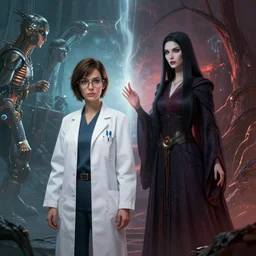 a female scientist and a sorceress meet at a collision between dimensions, made by stanley artgerm lau, wlop, rossdraws, artstation, cgsociety, concept art, cgsociety, octane render, trending on artstation, artstationhd, artstationhq, unreal engine, 4 k, 8 k,