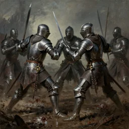 a gorgeous and detailed gothic painting of knights fighting in bloodied mud. Trending on artstation. 4k.