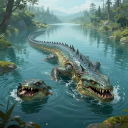 anuejalones monster. rumors say a relic monster of 1 4 m long inhabits anuejalones lake. truth or lie, folks are afraid to fish in the lake. high details, realistic, digital art, fantasy, artistic light