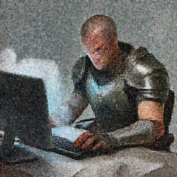 epic wounded armored employee with so many paper in front of computer. highly detailed, digital painting, concept art, smooth, sharp focus, illustration, art by greg rutkowski