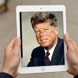 1 9 7 0 s vintage photograph of john f kennedy using an ipad, very detailed, very intricate, photorealistic,