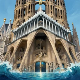 an obsidian Sagrada Família cathedral with a giant obsidian door, in the elemental plane of water, Dungeon and Dragon illustration, painted by Greg Rutkowski, 4k, trending on ArtStation