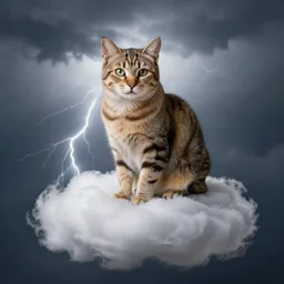 hyperrealistic photo of a cat sitting on a thundercloud