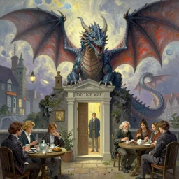 dragwads, british dragons, ultraterrestrial dragons, drinking tea and gin at the local pub, subsurface scattering, soft colors, don't look out the front door no matter what you do, drawn by norman rockwell, thomas kinkade, greg rutkowski, artgerm,