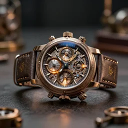 complex 3 d render of a futuristic steampunk watch lying on a table, high detail, sharp focus, glowing interior components, intricate detail, depth of field, bokeh, cinematic lighting and composition, octane render, film grain, bovet fleurier