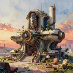 stylized, exterior, architecture, in watercolor gouache detailed paintings, arcane, insanely detail, artstation, 8 k, futuristic, big medium small, simon stalenhag, props, furniture and decor, octane render, cinematic, screenshot, sunset.