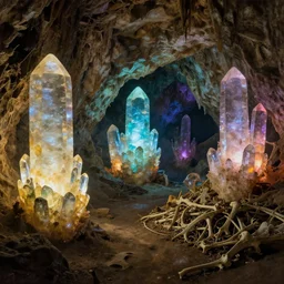 a cave with huge glowing crystals of different colours in the walls and piles of bones on the floor, art by donato giancola and greg rutkowski