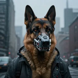 new york city portrait of furry anthro anthropomorphic german shepard head animal person fursona wearing clothes strange cybernetic muzzle gloomy rainy cyberpunk 2077 digital art by Greg Rutkowski, Simon Stalenhag, christopher nolan trending on Artstation, CGSociety
