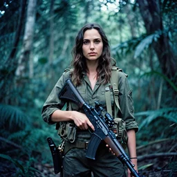 film still of gal gadot in the jungle as a vietnam door gunner, apocalypse now, associated press,, 2 6 mm, kodak ektachrome, blue tint expired film