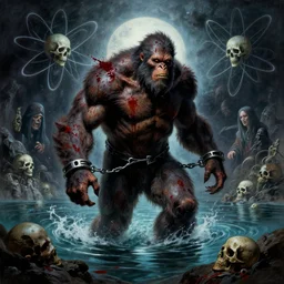 shackled in styx river of the underworld, frank frank frazetta and cgsociety, stunning sasquatch, blood splatters, charlie bowater and tom bagshaw, insanely detailed, deviantart, space art, atoms surrounded by skulls, death, and spirits deep water, horror, sci - fi, surrealist painting, by peter mohrbacher