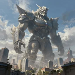 an epic digital painting of an intimidating giant, very tall, stunning buildings, long shot angle