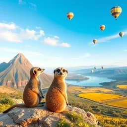 two meerkats sitting next to each other on top of a mountain and looking at the beautiful landscape. there is a mountain, a river lake, and fields of yellow flowers. there are hot air balloons in the sky.