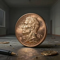 a messy painting of a penny in a large room with no light, highly detailed, sharp focus, cinematic, trending on artstation
