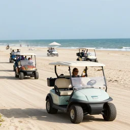 parade of golf carts driving down shoreline of sandy beach.