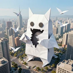a giant origami monster, tearing through a city, origami monster, birds eye view, 8 k