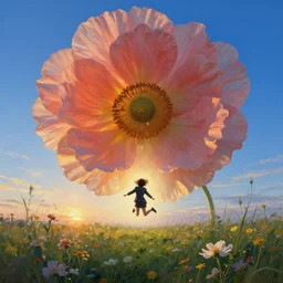closeup, giant flower head, a girl in a suit jumping in a field of flowers, surreal photography, sunrise, blue sky, dramatic light, impressionist painting, digital painting, artstation, simon stalenhag