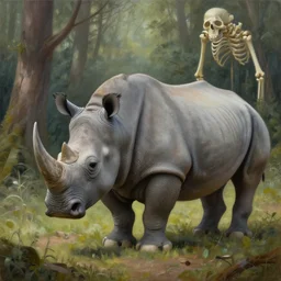 a painting of a rhino and a skeleton in a forest, a detailed matte painting by marc simonetti, behance contest winner, fantasy art, matte painting, concept art, matte drawing.