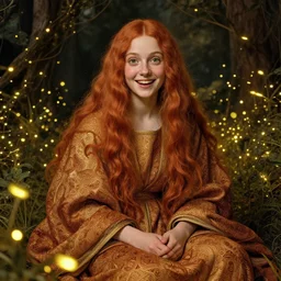 a totally amazed smiling acolyte girl surrounded by golden firefly lights in a mesmerizing scene, sitting amidst nature fully covered! intricate detailed robe, long loose red hair, precise linework, accurate green eyes, small nose with freckles, beautiful smooth oval head, expressive emotions, hyper realistic ultrafine portrait by artemisia gentileschi, jessica rossier, greg rutkowski