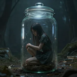 a lonely girl locked in a large Glass jar trying to escape, dark fantasy, unreal engine, realistic, fantasy world, objects