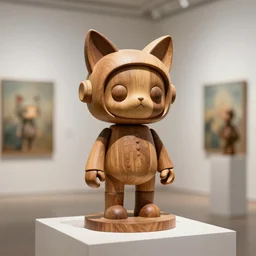 3 d octane render ultra 8 k photorealistic hyperdetailed unreal engine, a wooden sculpture art - toys on a pedestal a very cute mystical robot of the bohemian with cat's ears, concept art, trending on cgsociety, artwork masterpiece, in a contemporary art gallery in neo paris by alphosne mucha