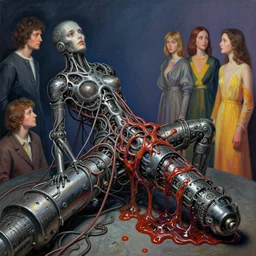 mechanical mitosis, chiaroscuro!!, solarpunk, postminimalism, flesh bound to metal, cables, oily ooze, hyperrealism, surrealism, realistic shaded lighting, vibrant, by greg rutkowski and zdzisław beksinski and ilya kuvshinov and magali villeneuve