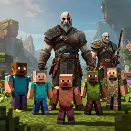 god of war ragnarok minecraft realistic characters, Moebius, Greg Rutkowski, Zabrocki, Karlkka, Jayison Devadas, Phuoc Quan, trending on Artstation, 8K, ultra wide angle, zenith view, pincushion lens effect