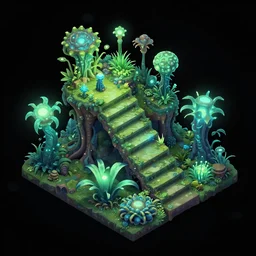 concept art 2 d mobile game asset is an isometric staircase with an organic isometric design based on bioluminescent alien - like plants inspired by the avatar's bioluminescent alien nature. around the stair, we can see plants that glow in the dark. all in isometric perspective and semi - realistic style item is in a black background