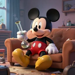 mickey mouse holding a glass bong and sitting on a couch in a messed up apartment, amazing digital art, highly detailed