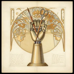 detailed, intricate technical drawings on parchment from 1 8 4 0, with labels and notes, for a beautiful, symmetric, art deco robotic arm holding a paintbrush, a pencil, and scissors, by ron cobb and alphonse mucha