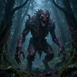 a terrifying creature in an enchanted forest at night during torrential rain, very complex, hyper - maximalist, overdetailed, legendary cinematic, darkfantasy, highly intricate, realism, perspicious detail, silent hill aesthetic, photorealistic, lifelike, dslr 8 k, unbeatable coherency, octane render