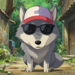 full body wolf wearing sunglasses and a backwards baseball cap, spanish ghibli alleyway. symmetrical face. symmetrical detailed defined eyes. isekai background style, nature, douche