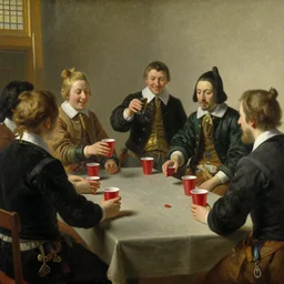 Dutch oil painting from 1600s: Students playing beer pong on a table at a party, red solo cups