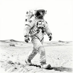 highly detailed black work drawing of an astronaut on fire walking through a dystopian desert
