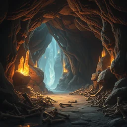 beautiful matte painting of a cave with glowing crystals on the walls and bone piles on the floor, fantasy, sharp focus, artstation