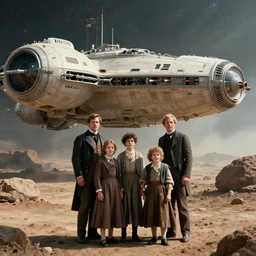 highly detailed, 256435456k film, 1612800mm film still from a sci fi blockbuster color movie made in 2019, set in 1860, of a family standing in front of a spaceship that has just landed on an alien planet, the family are all wearing 1860s era clothes, good lighting, good photography, ultra high definition, in focus