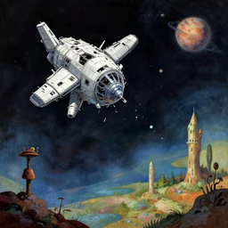 a crashed spacecraft on a strange alien planet, from a space themed point and click 2 d graphic adventure game, set design by robert kinoshita, art inspired by thomas kinkade