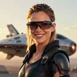 shoulder portrait of a smiling mila kunis as a cyberpunk space ninja in front of her small spaceship, ar glasses, golden hour, intricate, beautiful, stanley lau, stanley artgerm, wlop, beeple