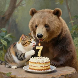 a half cat half bear hybrid eating cake at his 7 0's birthday at a zoo, highly detailed painting by gaston bussiere, craig mullins, j. c. leyendecker