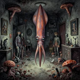concept inks for blocky squid in lifeless apartment fungal & filthy with impobables alberto bontempi, shigeru komatsuzaki, wayne d barlowe, alex ross, enric torres, virgil finlay, hyper pointilism horror, cinematical, narrative light, muted colors, epic, hyper detailed, awe inspiring, award winning horror,