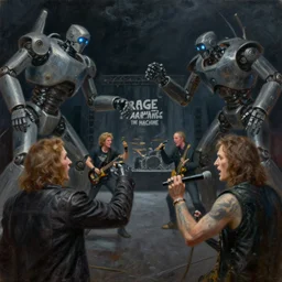 concept art, of a close view of [ rage against the machine ] band memebers!!! humans fighting with robots!!!, concert, detailed, close shot, dark concept art, dark skies painting by wlop, nixeu and greg rutkowski, beautiful, semirealism, artstation, octane render, oil painting, sharpness, 8 k, golden ratio