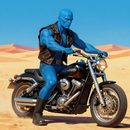 blue skin mutant, male bald muscular biker, leather vest, madmax desert background, digital painting, vivid colors, postminimalism, highly detailed, smooth, sharp focus, illustration by ruan jia and mandy jurgens and william - adolphe bouguereau, artgerm