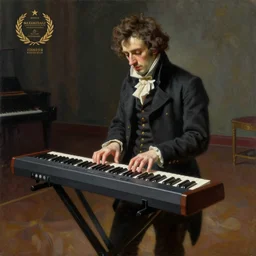 Frederick Chopin on a stage playing a keytar, photorealistic painting