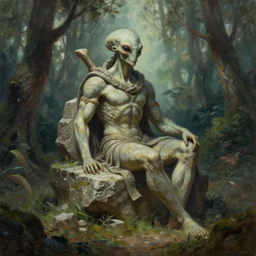 fantasy painting of Greek alien god made of stone places in the woods