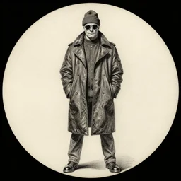 small circle!!! round!!!! sunglasses j scott campbell!!! pencil sketch by j scott campbell, serious dramatic jean reno wearing circle!! round!! sunglasses and a beanie cap, wearing long black winter coat, full body shot, in the style of jim lee