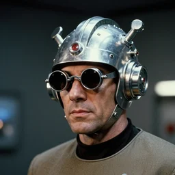 geordi la forge on the starship enterprise wearing metal curvy googie visor and hardware parts on his head, mid - century modern design, single image, photograph