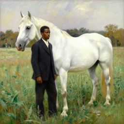 a painting of a black man next to a beautiful white horse in a weed field, in the style of james mcneill whistler, amazing detail