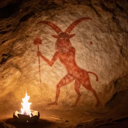 horned god, paleolithic cave painting, illuminated by fire