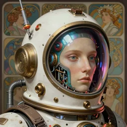 portrait of a biomechanical head inside a steampunk space helmet, vintage transistors, neon, white metal, iridescent visor,  distant memories, art by Greg Rutkowski and artgerm and Alphonse Mucha,